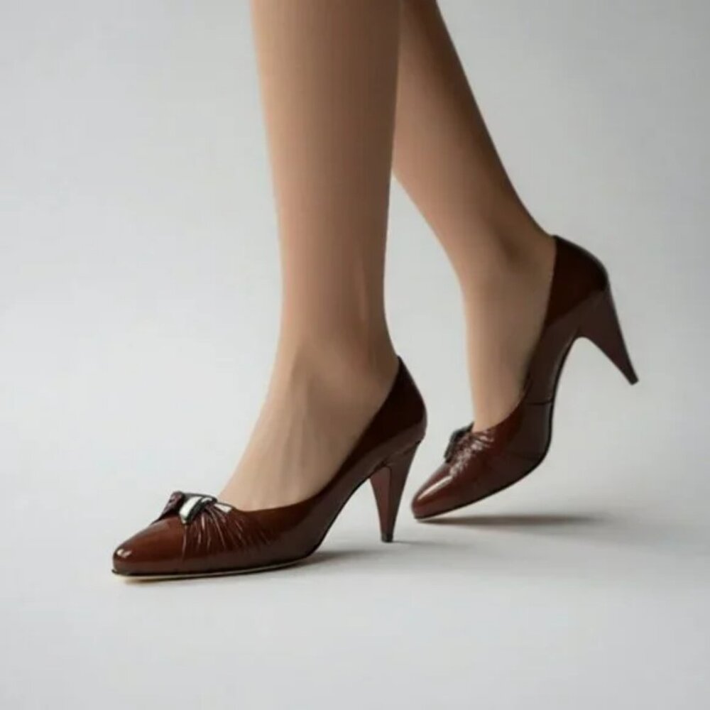 Palizzio Spanish Leather Brown-Burgundy Structured Twist Cone Heels Pumps 9